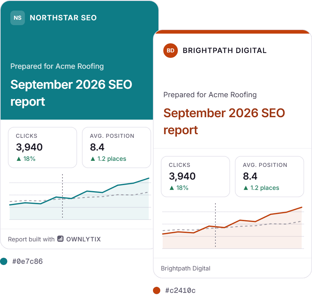 Branded SEO reports in two agency color schemes